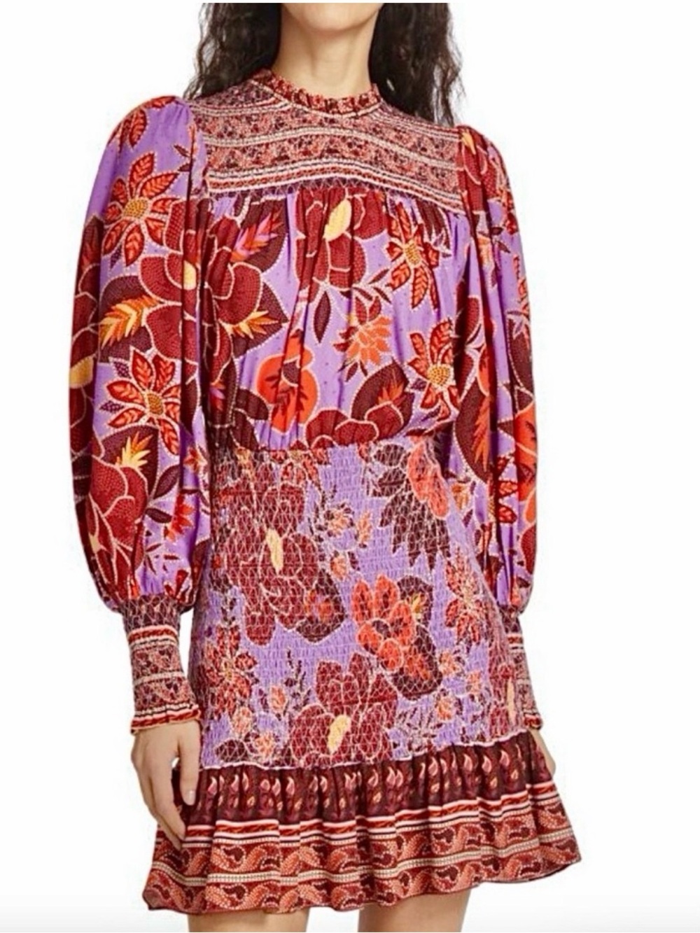 NWT FARM Rio Sweet Floral Lilac and Red Floral Long-Sleeve Mini Dress